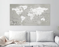 Grey Rustic Wood Push Pin World Map