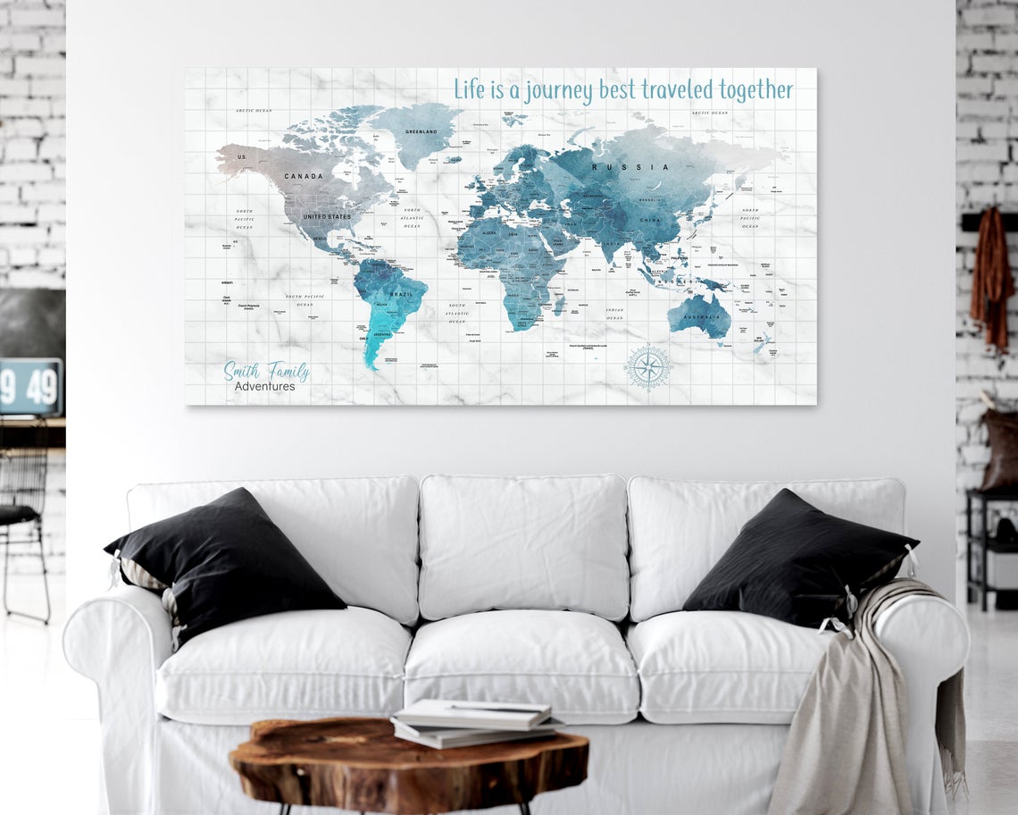 Marble Grid Push Pin World Map – Push Pin Map Art